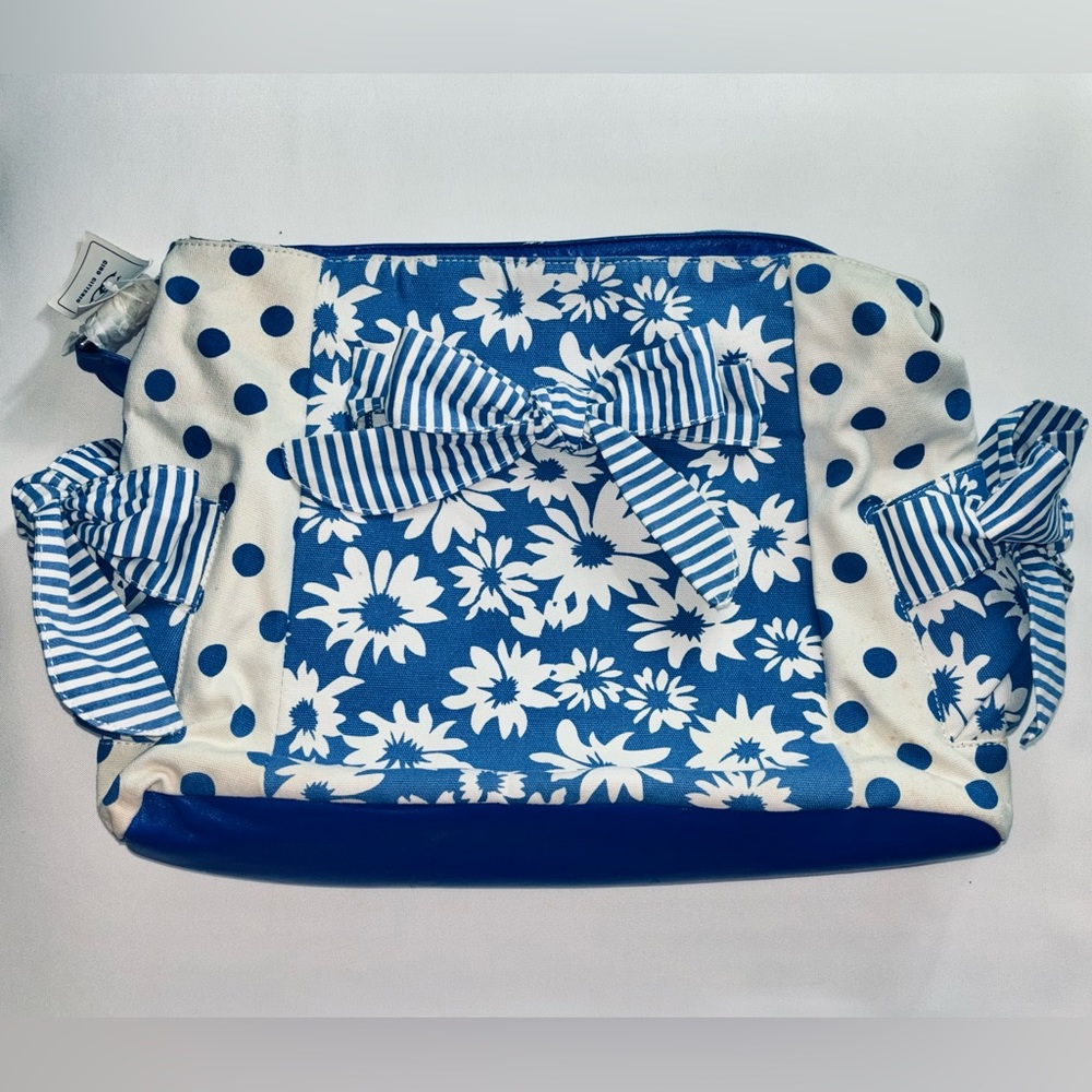 Ciro Citterio Canvas Tote Bag Blue/White w 22" Rope Handle Bows Sides and Front
